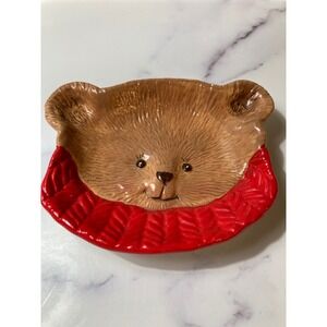 Hallmark Ceramic Teddy Bear Candy Dish Trinket Tray Red Scarf